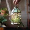 Hut Temple Lantern For Home Decoration For Table-Top, Wall-Hanging, Modern Candle & Tealight Holder Gifting, Antique Brass Finish And Stained Glass (Only Lantern)