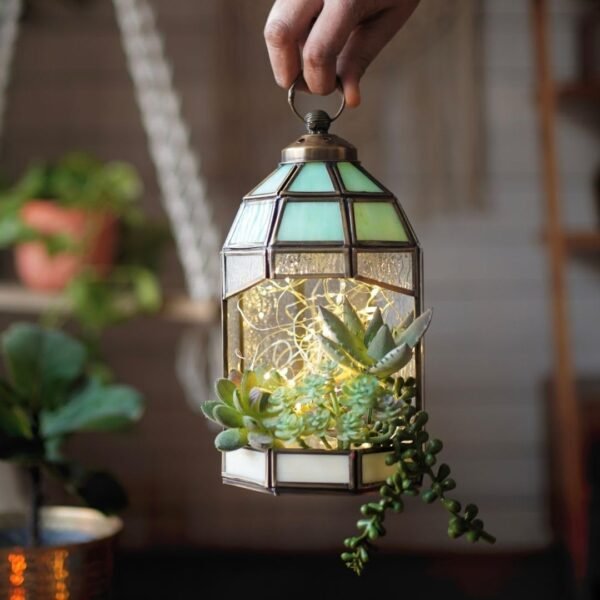Hut Temple Lantern For Home Decoration For Table-Top, Wall-Hanging, Modern Candle & Tealight Holder Gifting, Antique Brass Finish And Stained Glass (Only Lantern)