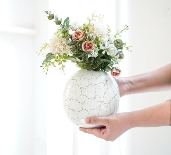 Metal Ball Vase for Home Decor|Round Flower Pot for Bedroom Living Room Office Wedding|Flowers Arrangement for Birthday Anniversary Festival|Off-White Crackled Medium (Flower Not Included)