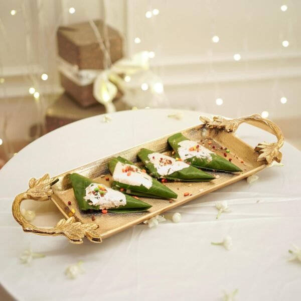 81-OB4HkY7L._SL1500_.jpg Aluminium Golden Serve Tray with Leaf Handle for Center Table Centerpiece| Serving Platter for Home Decor Kitchen Dining Room Table| Serveware Plater for Sweets, Cookies, Dry Fruits