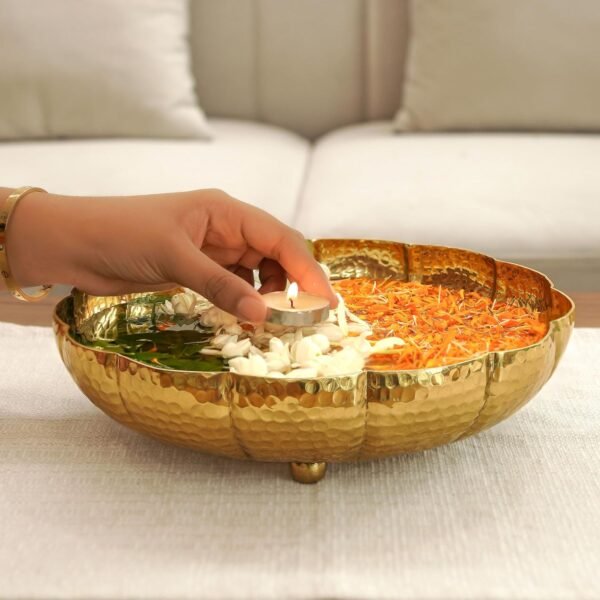 Golden Aluminium Lotus Design Urli Indoor Outdoor Center Table Flower Decorative Bowl for Home Decor, Urali for Diwali Gift & Navratri & Durga Pooja, Deepawali Decoration