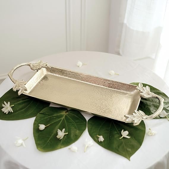 8123OQCTGmL._SX569_.jpg Aluminium Silver Serve Tray with Leaf Handle for Center Table Centerpiece Serving Platter for Home Decor Kitchen Dining Room Table | Serveware Plater for Sweets, Cookies