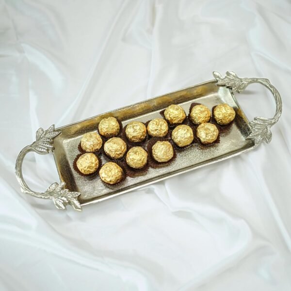 Aluminium Silver Serve Tray with Leaf Handle for Center Table Centerpiece Serving Platter for Home Decor Kitchen Dining Room Table | Serveware Plater for Sweets, Cookies, Dry Fruits