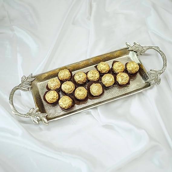 814ADTCcCbL._SX569_.jpg Aluminium Silver Serve Tray with Leaf Handle for Center Table Centerpiece Serving Platter for Home Decor Kitchen Dining Room Table | Serveware Plater for Sweets, Cookies