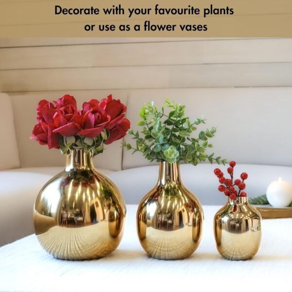 Glossy Golden Metal Flower Vase for Home Decor| Decoration Item for Living Room Office| Table Decorative Flower Pot for Gifting Diwali Ganpati Onam