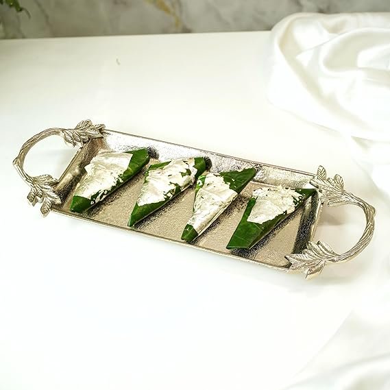 81D-wmLWbjL._SX569_.jpg Aluminium Silver Serve Tray with Leaf Handle for Center Table Centerpiece Serving Platter for Home Decor Kitchen Dining Room Table | Serveware Plater for Sweets, Cookies