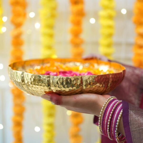 Golden Aluminium Lotus Design Urli Indoor Outdoor Center Table Flower Decorative Bowl for Home Decor, Urali for Diwali Gift & Navratri & Durga Pooja, Deepawali Decoration