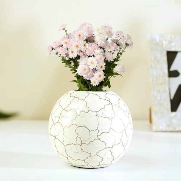 Metal Ball Vase for Home Decor|Round Flower Pot for Bedroom Living Room Office Wedding|Flowers Arrangement for Birthday Anniversary Festival|Off-White Crackled Small (Flower Not Included)