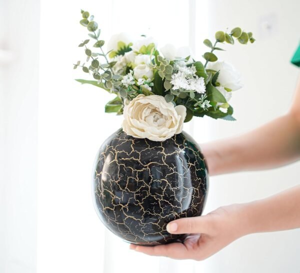 Metal Ball Vase for Home Decor|Flower Pot for Bedroom Living Room Office Wedding|Flowers Arrangement for Birthday Anniversary Festival|Black Crackled Medium (Flower Not Included)