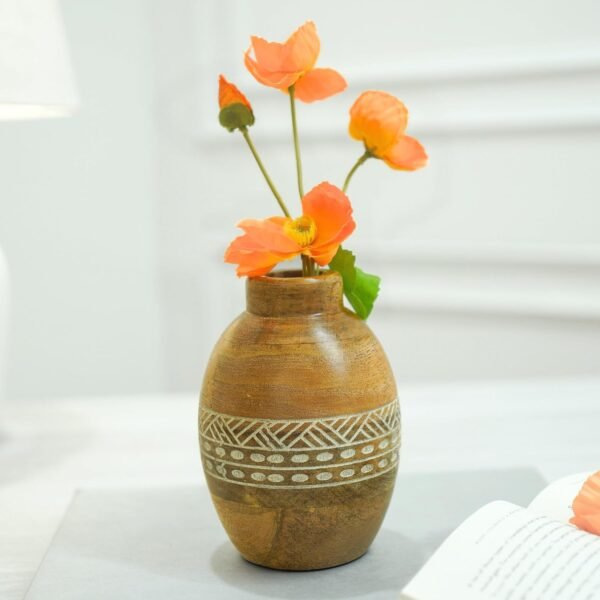 Flower Vase, Mango Wood Flower Vases, Bulb with Etching, for Decor Home Living Room Kitchen Office, Diwali Decoration