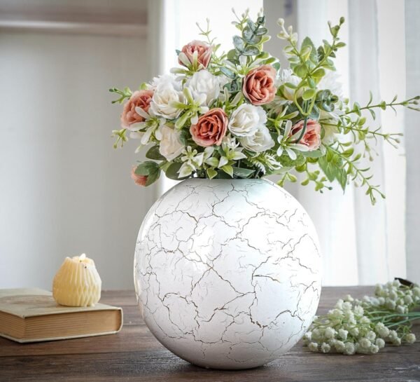 Metal Ball Vase for Home Decor|Round Flower Pot for Bedroom Living Room Office Wedding|Flowers Arrangement for Birthday Anniversary Festival|Off-White Crackled Medium (Flower Not Included)