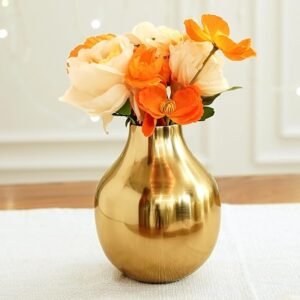 Metal Flower Vase for Home Decor Living Room Kitchen Office Wedding | Round Shape Metal Table Decorative Flower Pot Gold Colour Small (Flower not Included)
