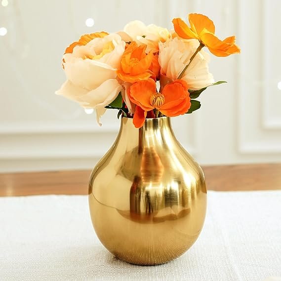 Metal Flower Vase for Home Decor Living Room Kitchen Office Wedding | Round Shape Metal Table Decorative Flower Pot Gold Colour Small (Flower not Included)