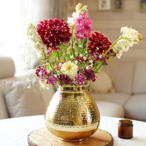 81jb0eh4vIL._SL1500_.jpg Matki Shape Metal Vase for Home Decor, Hammered Flower Pot for Office Table Decorations, Modern vases, Gift for Diwali Ganpati Onaml, 8 inches, Golden 1 Pc (Flowers not Included)