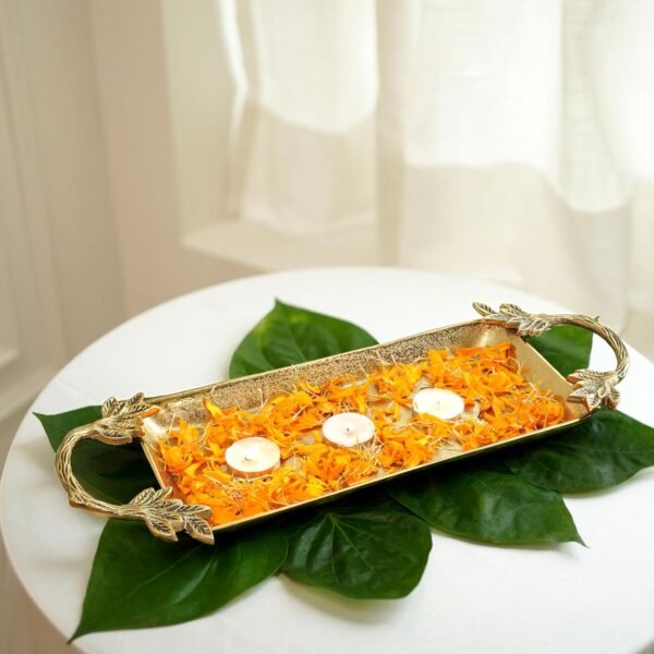 81jnnSXA5ZL._SL1500_.jpg Aluminium Golden Serve Tray with Leaf Handle for Center Table Centerpiece| Serving Platter for Home Decor Kitchen Dining Room Table| Serveware Plater for Sweets, Cookies, Dry Fruits
