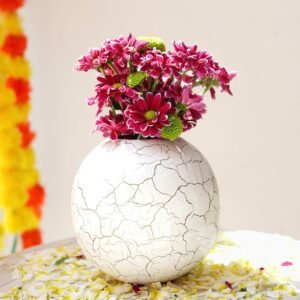 Metal Ball Vase for Home Decor|Round Flower Pot for Bedroom Living Room Office Wedding|Flowers Arrangement for Birthday Anniversary Festival|Off-White Crackled Medium (Flower Not Included)