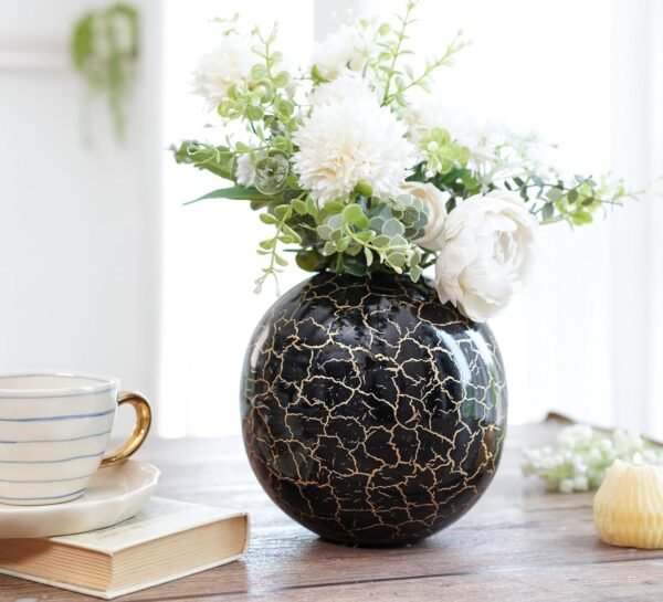 Metal Ball Vase for Home Decor|Flower Pot for Bedroom Living Room Office Wedding|Flowers Arrangement for Birthday Anniversary Festival|Black Crackled Medium (Flower Not Included)