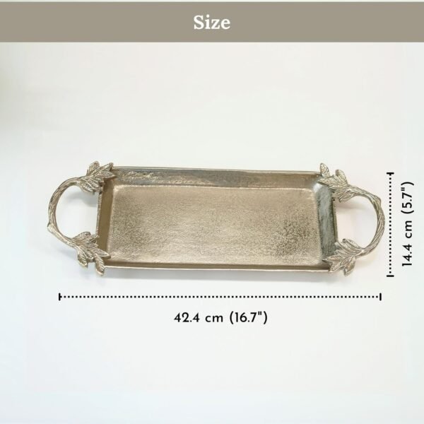 Aluminium Silver Serve Tray with Leaf Handle for Center Table Centerpiece Serving Platter for Home Decor Kitchen Dining Room Table | Serveware Plater for Sweets, Cookies, Dry Fruits