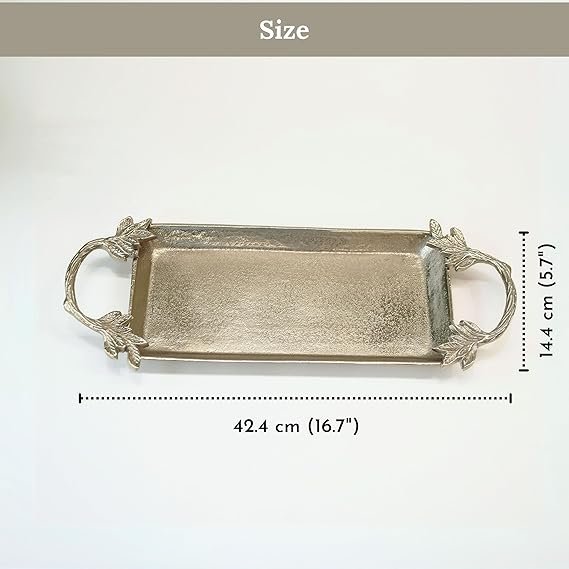 81tuxGyrWAL._SX569_.jpg Aluminium Silver Serve Tray with Leaf Handle for Center Table Centerpiece Serving Platter for Home Decor Kitchen Dining Room Table | Serveware Plater for Sweets, Cookies