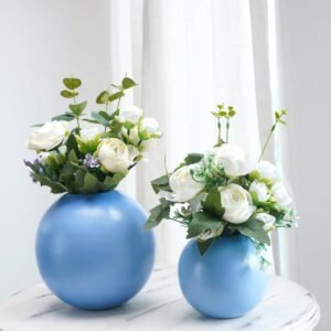 Metal Ball Round Flower Vase for Home Decor | Table Decorative Item for Bedroom Living Room Office Wedding | Best Gift for Birthday Anniversary Festival | Blue, (Medium)