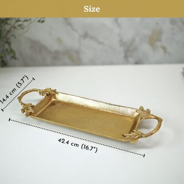 81x444os4XL._SL1500_.jpg Aluminium Golden Serve Tray with Leaf Handle for Center Table Centerpiece| Serving Platter for Home Decor Kitchen Dining Room Table| Serveware Plater for Sweets, Cookies, Dry Fruits