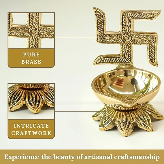 Pure Brass Swastik Diya for Puja | Religious Symbol Diya Diya for Pooja Room, Tample,Mandir,Office, Diya for Home Decoration