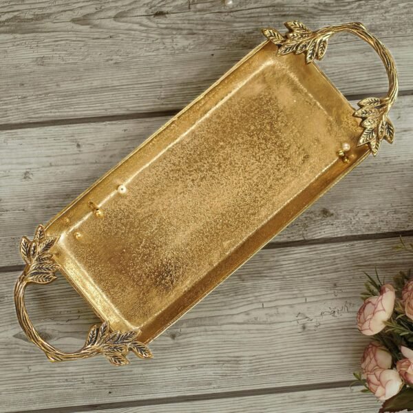 91BBECZu5sL._SL1500_.jpg Aluminium Golden Serve Tray with Leaf Handle for Center Table Centerpiece| Serving Platter for Home Decor Kitchen Dining Room Table| Serveware Plater for Sweets, Cookies, Dry Fruits