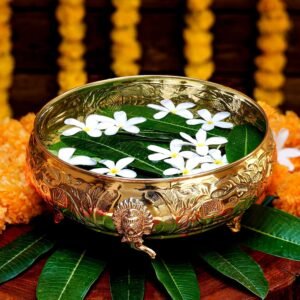 Ethnic Carved Elephant Design Brass Urli Decor Bowl, Golden Center Table Flower Decorative Bowl for Home Decor, Urali for Diwali, Navratri Pooja, Durga Puja & Deepawali Decoration