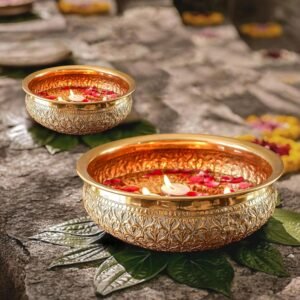 Classic Golden Aluminium Chitai Urli Indoor Center Table Decorative Bowl for Home Decor, Urali for Haldi, Mehandi, Diwali & Navratri Pooja, Wedding