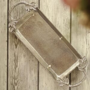 Aluminium Silver Serve Tray with Leaf Handle for Center Table Centerpiece Serving Platter for Home Decor Kitchen Dining Room Table | Serveware Plater for Sweets, Cookies, Dry Fruits
