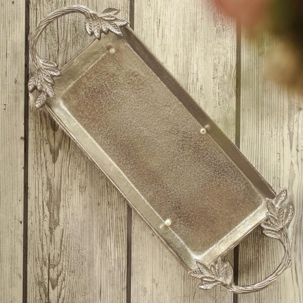 Aluminium Silver Serve Tray with Leaf Handle for Center Table Centerpiece Serving Platter for Home Decor Kitchen Dining Room Table | Serveware Plater for Sweets, Cookies, Dry Fruits