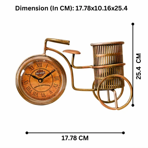 Golden Decorative Cycle Pen Stand with Clock | Elegant Metal Desk Organizer for Office & Corporate Gifting