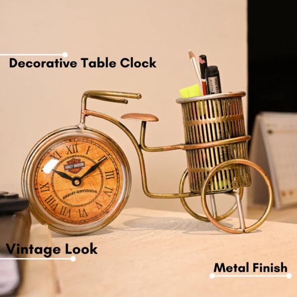 Golden Decorative Cycle Pen Stand with Clock | Elegant Metal Desk Organizer for Office & Corporate Gifting