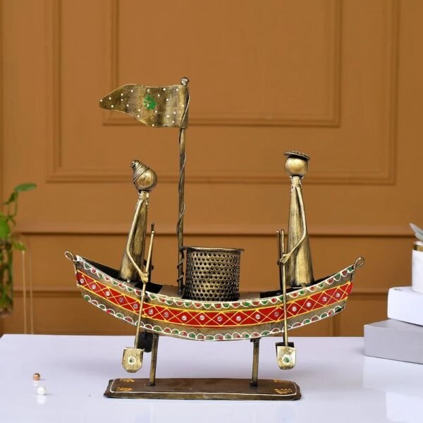 Metal Small Boat Pen Holder | Handcrafted Desk Organizer for Home & Office Decoration