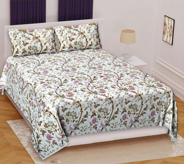 Premium Cotton Double Bedsheet Set ? Hand?Printed Floral Design, Soft & Breathable Fabric, Includes 2 Pillow Covers