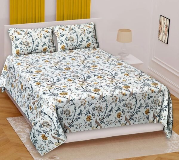 Premium Cotton Double Bedsheet Set ? Hand?Printed Floral Design, Soft & Breathable Fabric, Includes 2 Pillow Covers