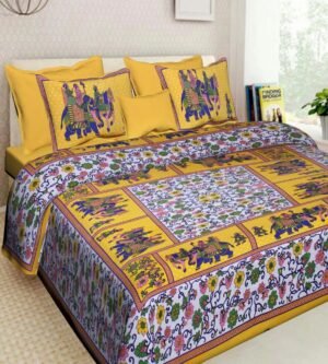 Jaipuri?Style Printed 100% Cotton Double Bedsheet with 2 Pillow Covers ? Soft & Breathable Ethnic Rajasthani Bed Linen