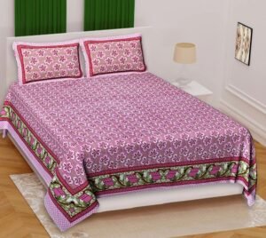 Super King Size 100% Cotton Jaipuri Bedsheet ? Elegant Floral Block?Print, Breathable & Soft Bed Linen
