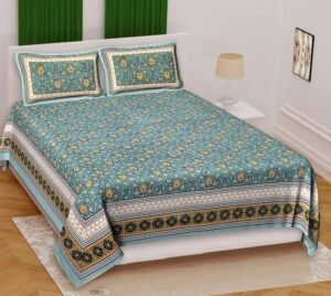 Rajasthani Block?Print Cotton King Size Bedsheet ? 100% Pure Cotton, Ethnic Floral Design, Breathable & Soft Bed Sheet