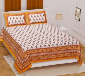 Jaipuri Block-Print Cotton Double Bed Sheet with 2 Pillow Covers | Traditional Rajasthani Floral Design | Lightweight & Breathable 100% Cotton Bedding Set