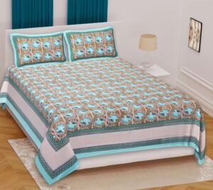 Jaipuri Printed 100% Cotton Double Bedsheet with 2 Pillow Covers ? Ethnic Rajasthani Design, Soft & Breathable Bed Linen