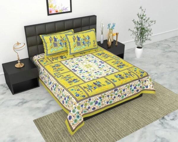 100% Cotton Printed Double Bedsheet with 2 Pillow Covers ? Soft, Breathable Ethnic Design Bed Linen