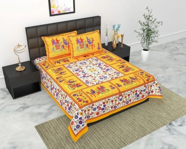 100% Cotton Printed Double Bedsheet with 2 Pillow Covers ? Soft, Breathable Ethnic Design Bed Linen