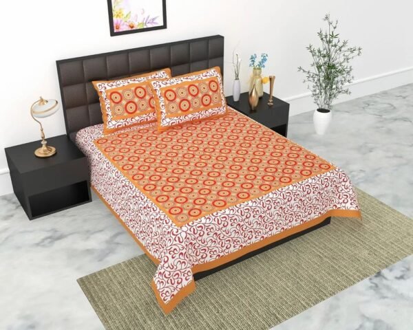 Jaipuri Printed Cotton Double Bedsheet with 2 Pillow Covers ? 100% Pure Cotton, Traditional Rajasthani Design, Soft & Breathable Bed Linen