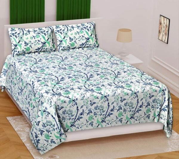 Premium Cotton Double Bedsheet Set ? Hand?Printed Floral Design, Soft & Breathable Fabric, Includes 2 Pillow Covers