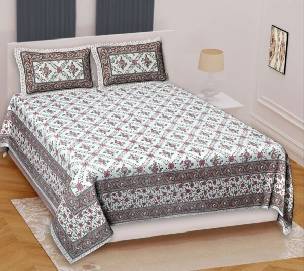 Jaipuri Cotton Double / King Size Bedsheet ? 100% Pure Cotton, Traditional Rajasthani Block Print Floral Design