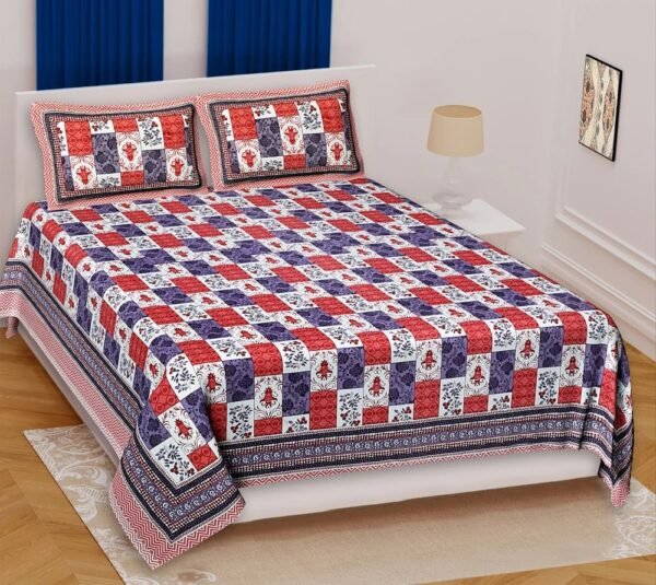 Super?King Size 100% Cotton Jaipuri Bedsheet ? Traditional Blue Floral Block?Print, Soft & Breathable Bed Linen