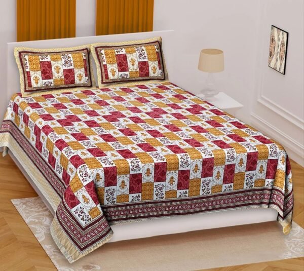 Super King Size 100% Cotton Jaipuri Bedsheet ? Ethnic Multicolor Block?Print, Soft & Breathable Bed Linen