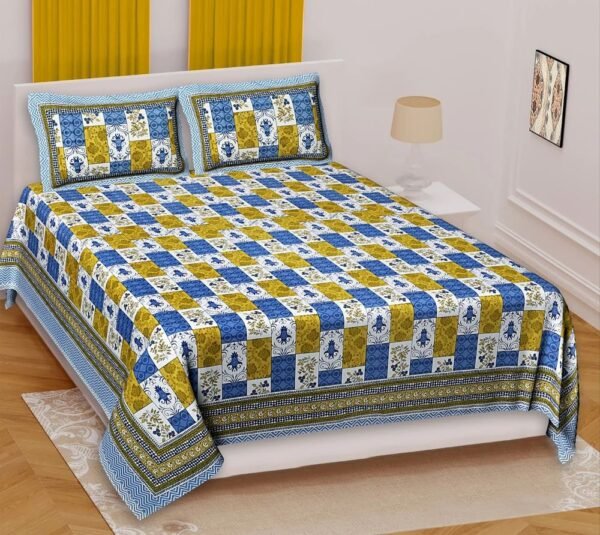 Super King Size 100% Cotton Jaipuri Bedsheet ? Traditional Multicolour Block?Print, Soft & Breathable Bed Linen