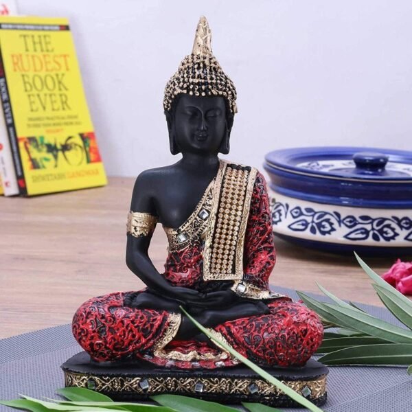 Elegant Resin Seated Buddha Statue, Black & Red with Gold Accents, Meditating Zen Figurine for Home Decor, Yoga, Altar & Feng Shui Gift